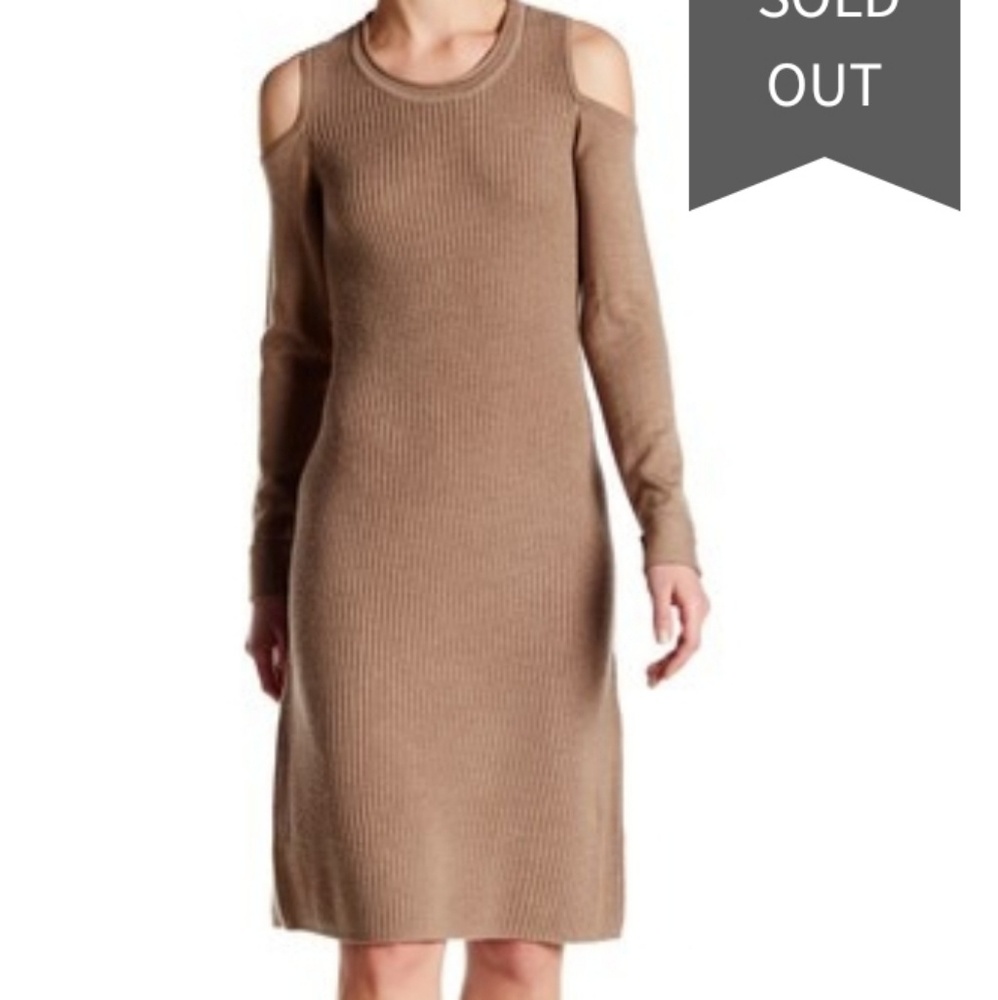 Tahari cold shoulder sweater brown merino wool midi dress long sleeve.XL